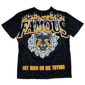 Southpole XL Graphic T-Shirt Famous Flames Wolf Get Rich or Die Trying Black Tee